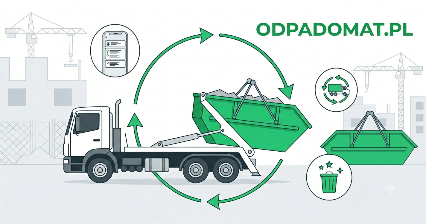 Rotacja kontenerów - cykl podstawienie, postój u klienta i wymiana skipa - Odpadomat