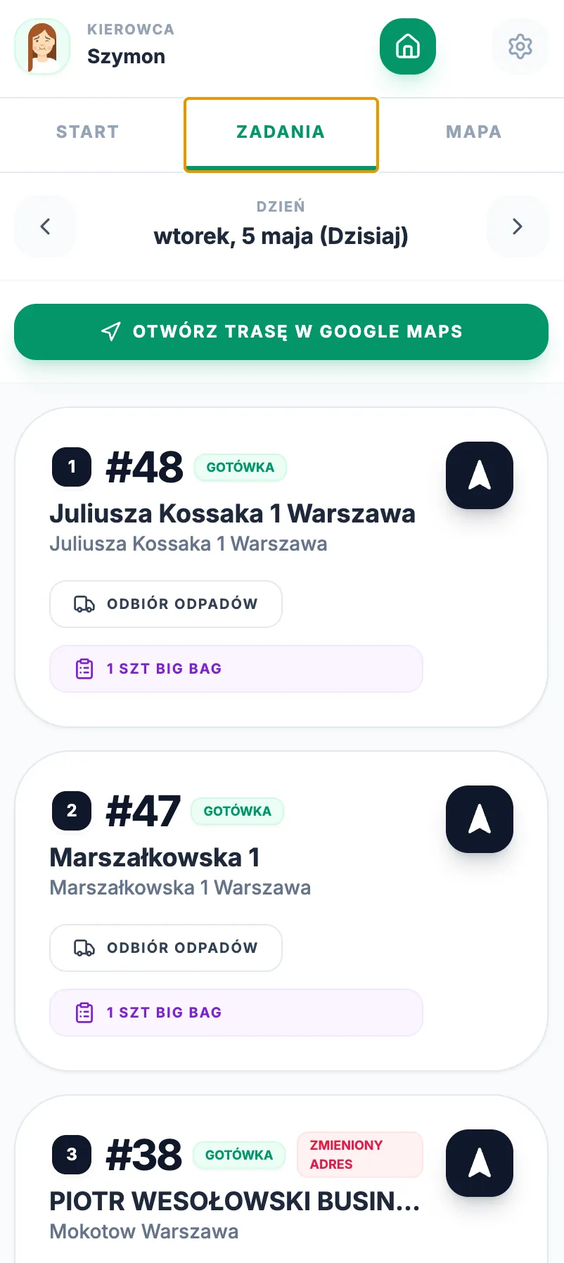 Szczegóły zlecenia i kontrola kontenera w aplikacji mobilnej