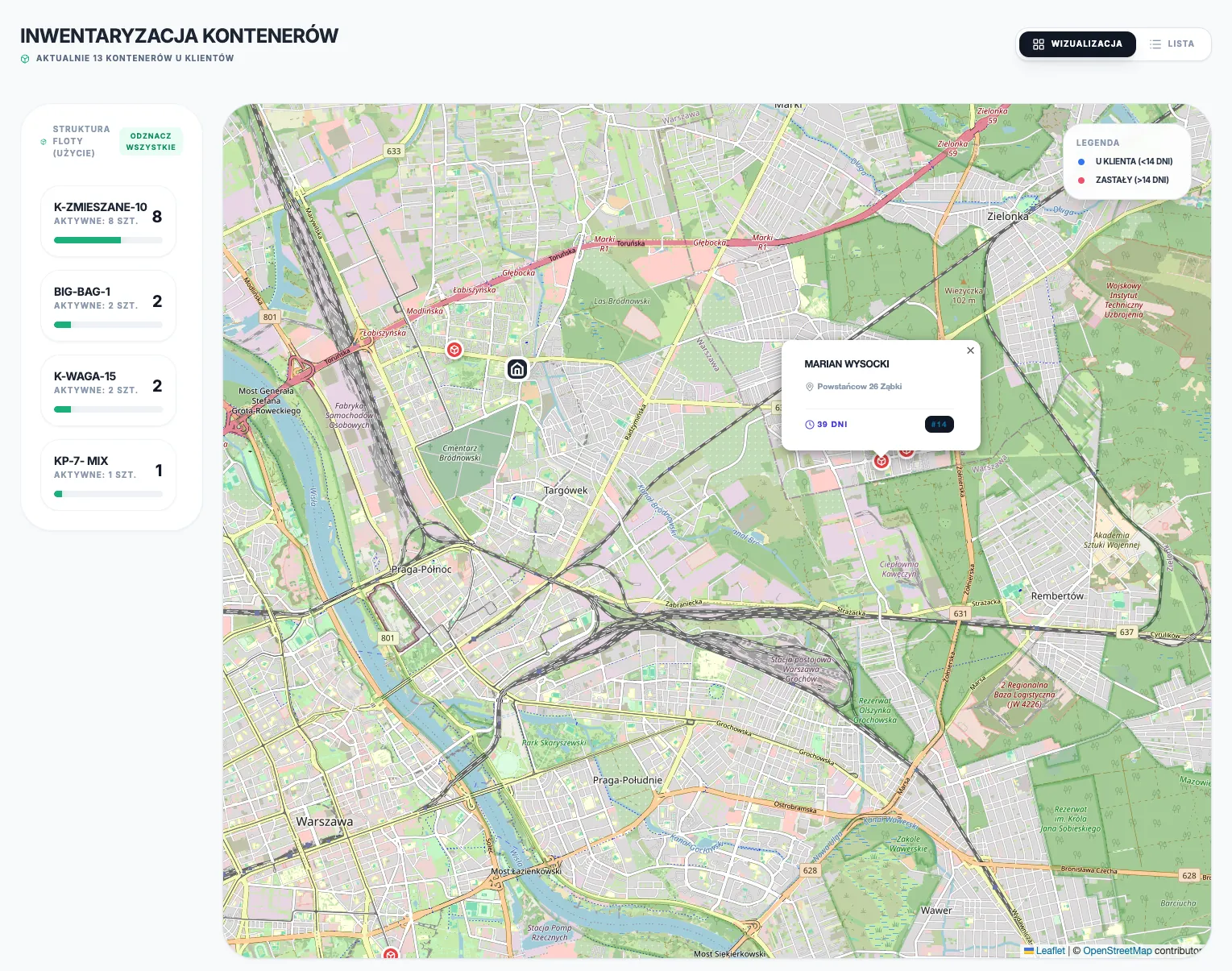 Mapa z lokalizacjami toalet przenośnych i trasami serwisowymi